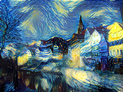 Neural network rendered painting in the style of Starry Night with the content from Neckarfront houses. Photo credit: github.com slash jcjohnson